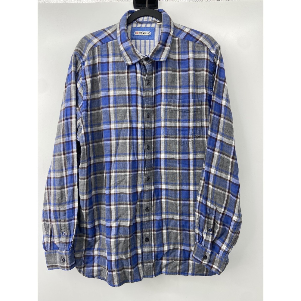 32 Bar Blues Shirt Mens 2XL Blue Plaid Button Down Casual Cotton Lightweight